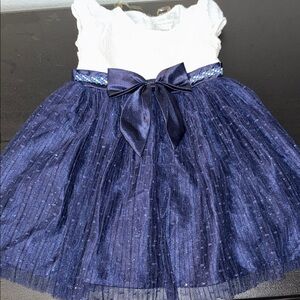 Sweet Heart Rose White & Navy Sparkle Tulle Dress with Satin Bow